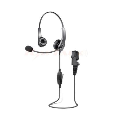 Auriculares ligeros RHS-0219AD con doble orejera, micrófono de brazo flexible y PTT en línea.